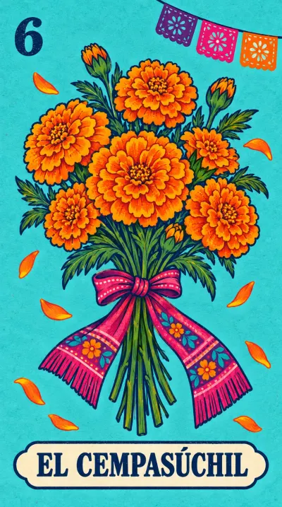 El Cempasúchil, carta 6 de la lotería de Día de Muertos